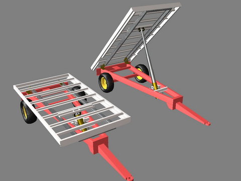nouvelle solution avec un vérin 4 pistons placé à 2.5 m de l'axe de pivotement de la benne,<br />angle en position repos : 42°<br />angle en position travail : 64°